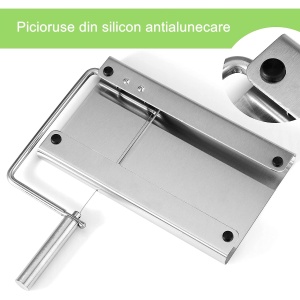 Feliator manual Flippy, pentru cascaval, salam, prajituri, unt, din otel inoxidabil, usor de curatat si utilizat, 5 lame de schimb incluse, picioare antiderapante, 21 x 12.2 x 2.8 cm, argintiu - Img 3