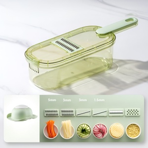 Feliator Multifunctional, Flippy, 6 in 1, pentru Fructe si Legume, 9 Piese, Maner, Lame de Inox, Recipient Stocare, Protectie Mana, ABS, 35x12x9.4 cm, Verde - Img 8