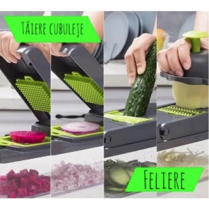 Feliator Multifunctional, Flippy, Razatoare, 8 in 1, pentru Fructe si Legume, 10 Piese, Lame de Inox, Recipient Stocare, Separator Oua, Protectie Mana, ABS, 32.2x11.3 cm, Verde/Gri - Img 4