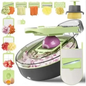 Feliator Multifunctional, Flippy, Razatoare, 8 in 1, pentru Fructe si Legume, 12 Piese, Lame de Inox, Recipient Stocare, Separator Oua, Protectie Mana, ABS, Gri/Verde, 29.5x9x21.8 cm - Img 5