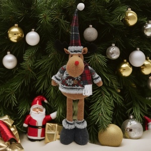 Figurina Decorativa, Pentru Craciun, Flippy, Ren, Picioare Telescopice, Inaltime Reglabila 44-54cm, Bluza cu Fulgi, Rosu/Gri - Img 1