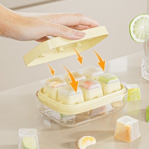 Forma pentru gheata cu presa Flippy, din silicon alimentar, 6 cuburi, caserola pentru depozitare, usor de folosit si curatat, 10.5 x 7.5 x 4.1 cm, galben - Img 8