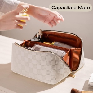 Geanta de Calatorie Flippy, Pentru Cosmetice, Portabila, Impermeabila, din Piele Ecologica, Compartimente Multiple, cu Fermoar, 22 x 13 x 12.5 cm, In Carouri, Crem - Img 2