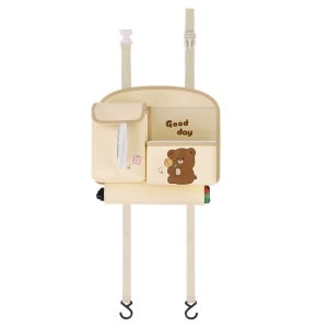 Geanta Multifunctionala de Depozitare, Flippy, pentru Bancheta din Spate a Masinii, Animat, Model Ursuleti, Scris Good Day, Suport Servetele si Telefon, 25x31 cm, Bej - Img 10