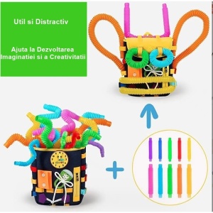 Ghiozdan Montessori, Flippy, pentru Copii 2-6 ani, Fidget Pop, cu Catarame si Fermoare, Jucarii Senzoriale, Activitate de Invatare prin Joc, Albastru Marin, 0.25 kg, 28x10x23 cm - Img 4