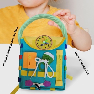 Ghiozdan Montessori, Flippy, pentru Copii 2-6 ani, Fidget Pop, cu Catarame si Fermoare, Jucarii Senzoriale, Activitate de Invatare prin Joc, Turcoaz, 0.25 kg, 28x10x23 cm - Img 3