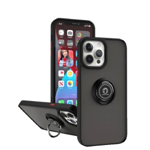 Husa Anti Fall Metal Bracket pentru Apple iPhone 13 Pro, Rezistenta la socuri, Margini colorate, Cu inel de prindere magnetic, Flippy, Negru - Img 1