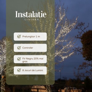 Instalatie de Craciun Liniara Yoto, 22 m, din care 1 m Prelungitor 220V, 300 LED, 8 jocuri de lumini, Controler, Utilizare Interior/Exterior, Fir Negru, Alb Rece - Img 4