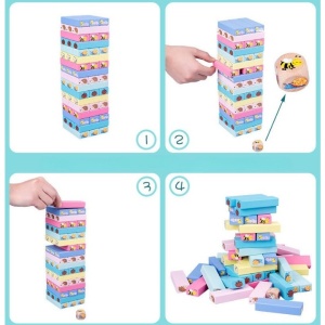 Joc de Societate, Flippy, pentru Copii, din Lemn, Interactiv, Distractiv, Jenga Stack High Blocks, cu Zar, 51 de Piese Animate, 24.5x18x5 cm, Multicolor - Img 4