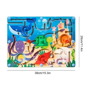 Joc Montessori de Sortare Culori, Flippy, Creion Magnetic, Tip Labirint Ilustrat, din Lemn, Model Animale Marine, 39x29x1.5 cm - Img 3