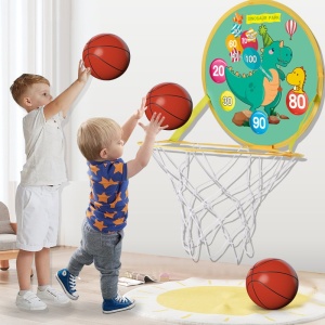 Jucarie Interactiva, Flippy, 2 in 1, Cos de Basket si Tinta de Darts, Minge 16 cm, Pompa, 8 Mingii cu Scai, Model Dragon, Multicolor - Img 3