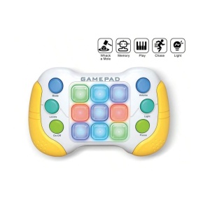 Jucarie Interactiva Flippy, Tip Consola Pop It, 6 butoane functionale, 5 Moduri de Joc, 600 Niveluri, + 3 ani, Galben/Gri - Img 2