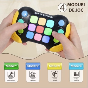 Jucarie Interactiva Flippy, Tip Consola Pop It, 6 butoane functionale, 5 Moduri de Joc, 600 Niveluri, + 3 ani, Galben/Negru - Img 11