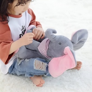 Jucarie Interactiva pentru Copii, Flippy, Elefantel Peek-a-boo, Muzica, Misca Urechile, Alimentare cu Baterii, 30 cm, Roz-Gri - Img 7