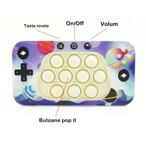 Jucarie interactiva tip consola pentru copii Flippy, speed push whack-a-mole, joc de viteza pop it, material ABS/silicon, cu nivele, sunete si lumini, 15.5 x 7.6 x 5.3 cm, model spatiu, multicolor - Img 5