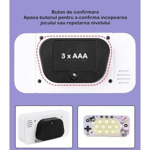 Jucarie interactiva tip consola pentru copii Flippy, speed push whack-a-mole, joc de viteza pop it, material ABS/silicon, cu nivele, sunete si lumini, 15.5 x 7.6 x 5.3 cm, model elfi, mov - Img 5