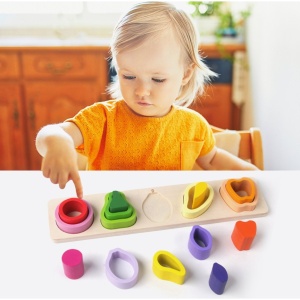 Jucarie Montessori din Lemn, Flippy, Tip Puzzle, cu 5 Forme Asimetrice, 15 Piese, Model Fructe, Educativa, Interactiva, Creativa, Materiale Non Toxice, +2 Ani, 29x6.5 cm, Multicolor - Img 4
