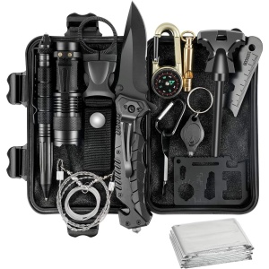 Kit supravietuire 19 in 1 Flippy, Cutit/Busola/Lanterna/Fluier/Chingi/Paracord, pentru Caping, Drumetii, Aventuri, Insturmente profesionale, Negru - Img 1