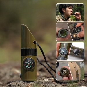 Kit supravieturie Flippy, Fluier multifunctional 7 in 1, pentru drumetii, hiking, lupa, fluier, termometru, depozitare pastile, busola, din material ABS, cu snur, 9,7 x 2,8 cm, verde