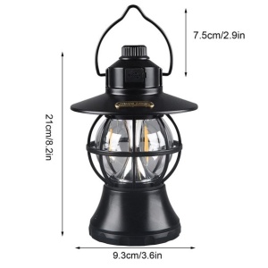 Lampă de camping retro portabilă, Felinar Vintage LED ABS, Acumulator inclus 1200 mAh, reincarcabila, 20 cm inaltime, 3 moduri de iluminare, intensitate reglabila,Lampa portabila pentru cort în aer liber, Negru - Img 4