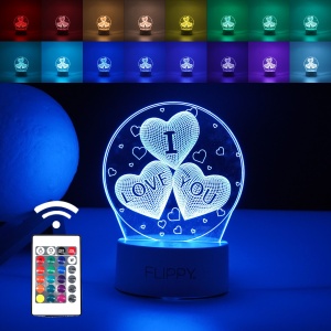 Lampa LED decorativa, Flippy, 3D, cu text "I love you", doua moduri de alimentare USB si baterii, 20 cm inaltime, din material acril si lumina multicolora, alb - Img 1