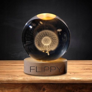 Lampa LED Decorativa, Flippy, cu Bila de Cristal cu Diametru 6cm, Model Papadie 3D, Alimentare USB, Suport din Lemn, Lumina Alb Cald - Img 4