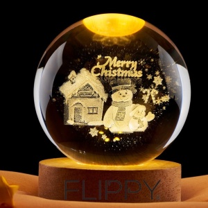 Lampa LED Decorativa, Flippy, cu Bila de Cristal cu Diametru 6cm, Model Merry Christmas 3D, Alimentare USB, Suport din Lemn, Lumina Alb Cald - Img 2