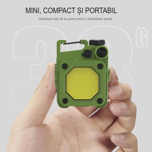 Lanterna Mini de Buzunar Tip Breloc, Flippy, Incarcare prin USB Type C, Multifunctionala, pentru Exterior, Camping, Alpinism, Ciclism, Mini Lanterna Elvis, 6.1 x 5 x 2.5 cm, Lumina Puternica, Culoare Verde - Img 3