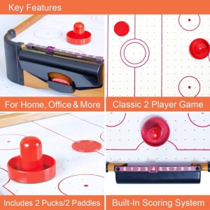 Masa Air Hockey Graffiti cu Picioare Scurte, Flippy, Lemn, 2 Pucuri, Tabela Scor, 2 Impingatoare, 76x38x21.5 cm, Maro - Img 6