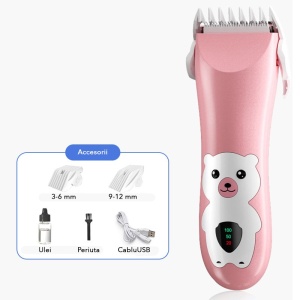 Masina De Tuns Bebelusi si Copii, Flippy, Display Digital, Lame Cermice si Inox, Fara Fir, Functie Anti Taiere, Silentios, 50 W, Rezistent la Apa, 2 Accesorii, Incarcator USB, Model Ursulet, Roz - Img 2