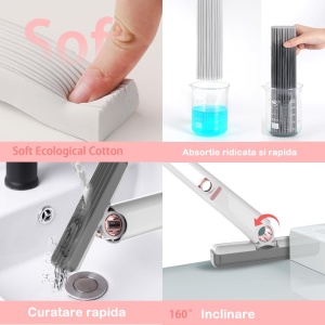 Mop de mana Flippy, mini-portabil, cu sistem de stoarcere, dispozitiv de curatat manual, cu burete absorbant, material PVA, multisuprafete si geamuri, 29.5 x 15.5 cm, alb - Img 4
