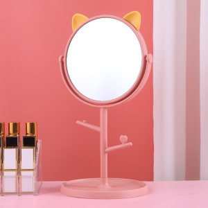 Oglina Cosmetica cu Picior, Flippy, HD, Rotire 360 Grade, 15 cm Diametru, Suport Bijuterii Baza Rotunda + 2 Brate, Model cu Urechi, 31 x 14.5 x 15 cm, din Plastic, Roz/Galben - Img 2