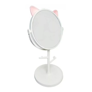 Oglina Cosmetica cu Picior, Flippy, HD, Rotire 360 Grade, 15 cm Diametru, Suport Bijuterii Baza Rotunda + 2 Brate, Model cu Urechi, 31 x 14.5 x 15 cm, din Plastic, Alb - Img 5