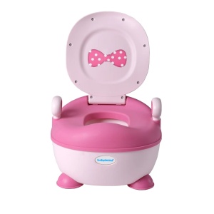 Olita pentru Copii, Flippy, +1an, Portabila, Design cu Fundita, cu Capac, Model Prietenos, Non-Toxic, Compartiment Detasabil, cu Manere, cu 4 Picioare, Usor de Curatat, 46*33*32 cm, Roz - Img 1