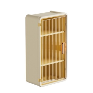 Organizator Cosmetice, Flippy, Montare pe Perete fara Perforare, 36.5x10.9x20 cm, cu 3 Rafturi, din PP si ABS, Bej, Usa Transparenta - Img 6