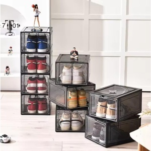 Organizator de Pantofi, Flippy, din PP+ABS, Usa Frontala Magnetica, Rezistenta la Praf, Anti-Oxidare, Utilizare Multipla, 36 x 28 x 21 cm, Gri Transparent - Img 3