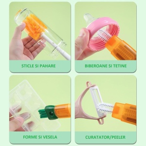 Perie 5 in 1 de Curatat Pahare, Cani, Sticle, Flippy, cu Maner Lung, Accesorii pentru Spalarea Paielor si Capacelor, Usor de Agatat, 36x7x7cm, Portocaliu-Alb - Img 2
