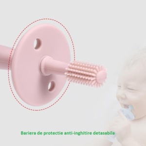 Periuta de Dinti din Silicon pentru Bebelusi, Flippy, fara BPA, 360 Grade, Bariera Anti-Inghitire, Maner Ergonomic, 12.5 x 15 cm, Roz - Img 2