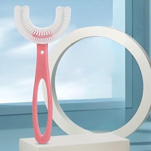 Periuta de Dinti in Forma de U, Flippy, pentru Copii 6-12 ani, Peri Moi, 12 cm, Model Inima, Culoare Roz - Img 3