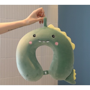 Perna de Calatorie in Forma de U, Flippy, Pentru Gat si Cap, Umplutura din Spuma cu Memorie, 30x30 cm, Model Dinozaur, Accesoriu de Voiaj, Birou, Masina, Sistem Prindere Capse, Verde - Img 5