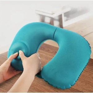 Perna pentru gat Flippy, portabila, umflare prin apasare, usor de depozitat, imbracata in material catifelat, in forma de U, 40 x 28 cm, verde - Img 6