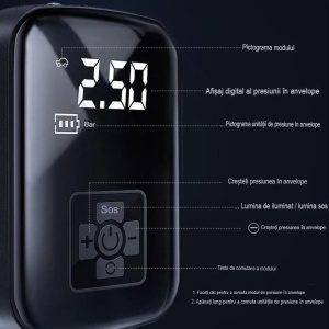 Pompa de Aer Wireless, Flippy, Portabila, 150 PSI, Pentru Anvelope si Mingi, Baterie 2000 mAh, Afisaj Digital, 12.7 x 8.5 cm, Negru - Img 2