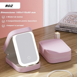 Portfard, Flippy, Geanta Cosmetice, cu Oglinda LED, 3 Moduri de Lumina, Incarcare USB, Baterie 1200 mAh, pentru Organizarea Cosmeticelor, 4 Compartimente, Imitatie Piele, Roz, 16.5x11.5x6 cm - Img 3
