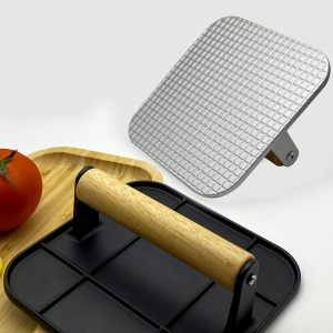 Presa Manuala pentru Carne, Flippy, din Aliaj de Aluminiu, Maner din Lemn, Presa pentru Burgeri, Usor de Curatat si Folosit, Patrata, 16x16x6 cm, Neagra - Img 9