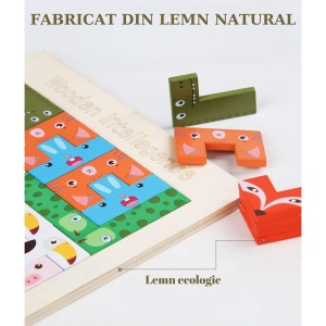 Puzzle din Lemn Flippy, Tip Tetris, +4 Ani, cu Animale Colorate 3D, 40 Piese, Multicolor - Img 6