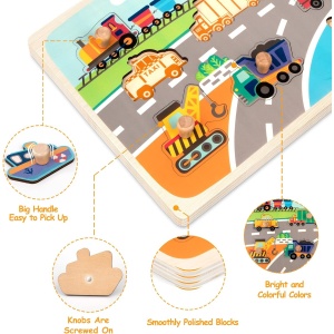Puzzle Montessori din Lemn pentru Copii, Flippy, 0-3 Ani, 3D, Model Transporturi, Educativ, Intuitiv, Creativ, 9 Piese, 30x22.5x0.8 cm, Multicolor - Img 6