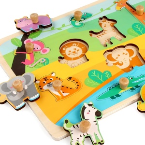 Puzzle Montessori din Lemn pentru Copii, Flippy, 0-3 Ani, Model Animale din Jungla, Educativ, Intuitiv, Creativ, 9 Piese, 30x22.5x0.8 cm, Multicolor - Img 3