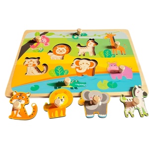 Puzzle Montessori din Lemn pentru Copii, Flippy, 0-3 Ani, Model Animale din Jungla, Educativ, Intuitiv, Creativ, 9 Piese, 30x22.5x0.8 cm, Multicolor - Img 1