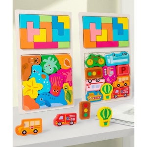 Puzzle Montessori din Lemn pentru Copii, Flippy, Tip Tetris 2in1 +3 Ani, cu Animale Marine Colorate 3D, Educativ, Intuitiv, Creativ, 21 de Piese, 28.5x17x1.2 cm, Multicolor - Img 6