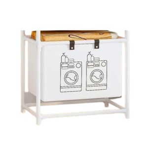 Raft/Cos Depozitare Haine Murdare, Flippy, pentru Baie, 1 Cos, Cadru de Otel Inoxidabil, 97 x 44 x 57 cm, Alb - Img 1